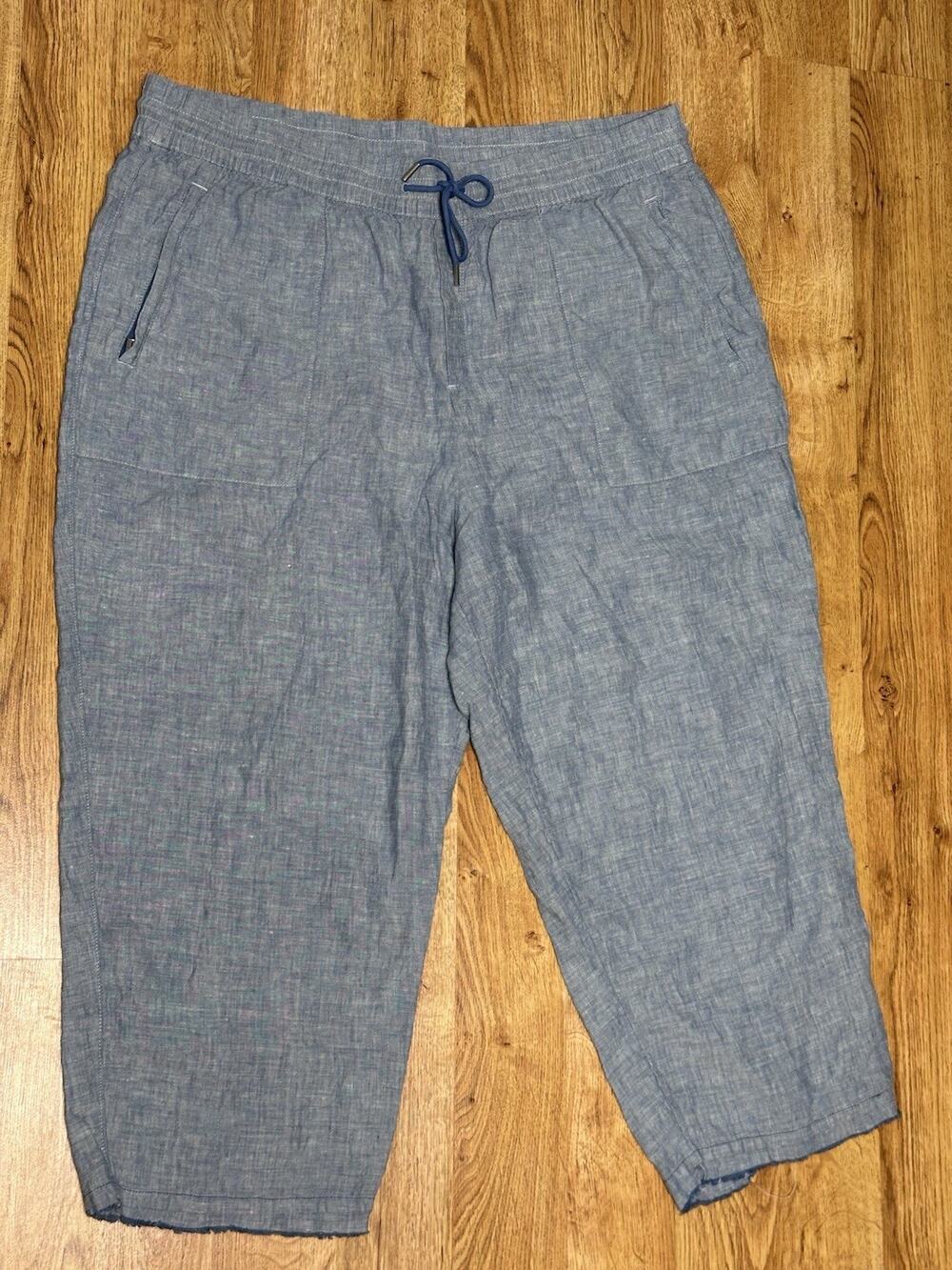 Athleta 100% Linen Chambray Blue Cropped Pants Raw Hem SZ 20